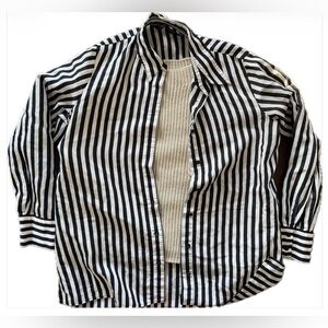 Black and White Striped Blouse and Beige Wool Blend Knit 2 Piece Old Money S